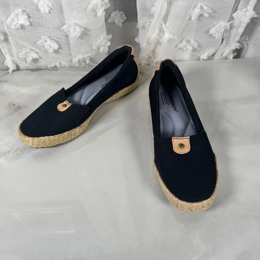 Grasshoppers Canvas Espadrilles Flats Comfort Shoes Black Tan Slip On Neutral 6N